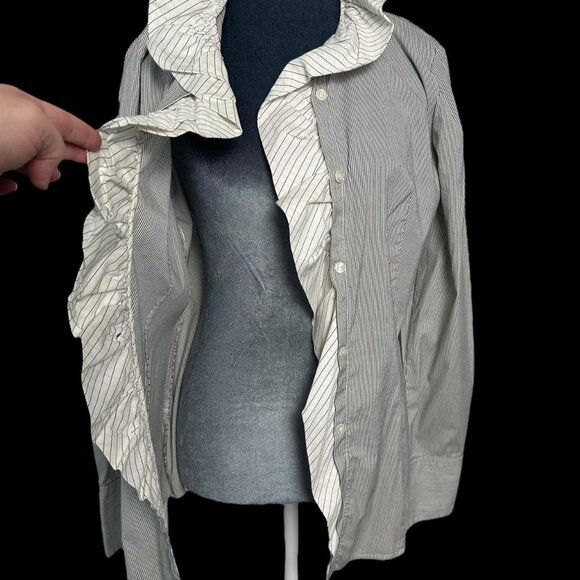 frilly pinstripe ruffle button up office wear shirt - Picture 4 of 8